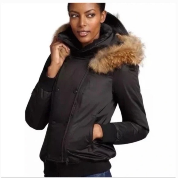 Soia & Kyo Yohann Down Insulated Bomber Black Real Fur Size Large - Picture 1 of 16
